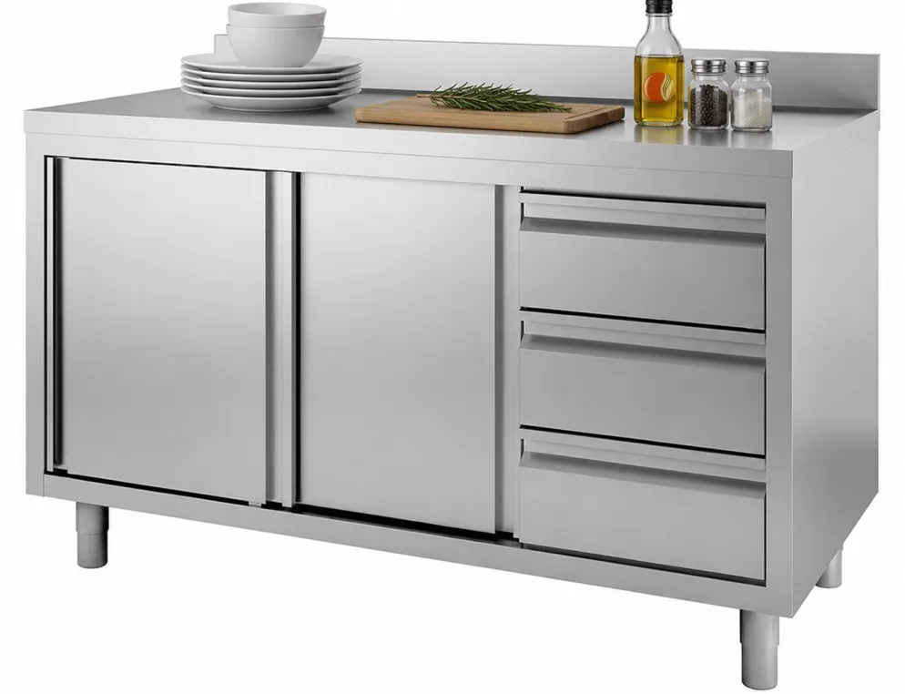 Arbeitsschrank mit Schiebetüren, Schubladen, Aufkantung B 160cm x T 60cm