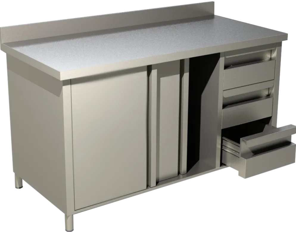 Arbeitsschrank mit Schiebetüren, Schubladen, Aufkantung B 160cm x T 60cm