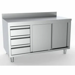 Arbeitsschrank mit Schiebetüren, Schubladen Links, Aufkantung 1800x700x850mm