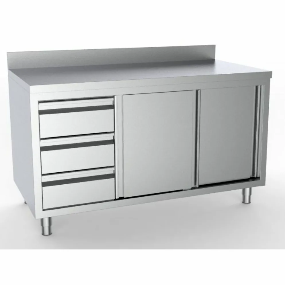 Arbeitsschrank mit Schiebetüren, Schubladen Links, Aufkantung 2000x700x850mm
