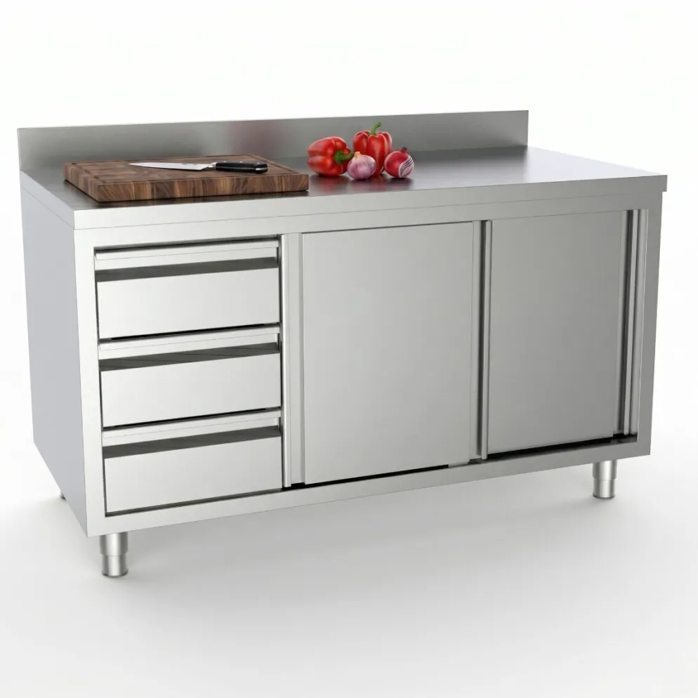 Arbeitsschrank mit Schiebetüren, Schubladen Links, Aufkantung 2000x700x850mm