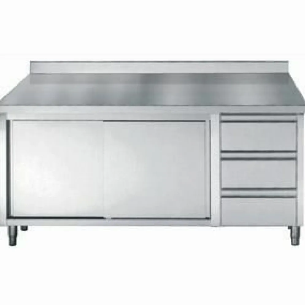 Arbeitstisch 700 mm mit Schiebetüren, Schubladen, Aufkantung, Breite 1600mm
