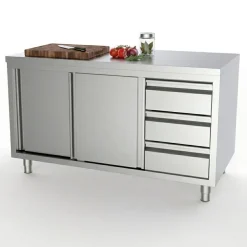 Arbeitstisch 1400 mm, Schiebetüren, Schubladen rechts, 700 mm tief