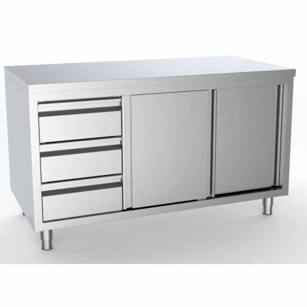 Arbeitstisch 1400 mm, Schiebetüren, Schubladen links, 700 mm tief