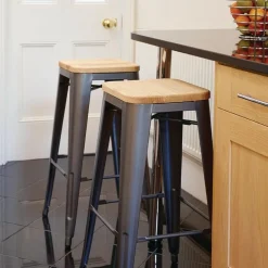 Barhocker Holli Bistro-G grau, Stahl mit Holzsitz, 43x43x77cm