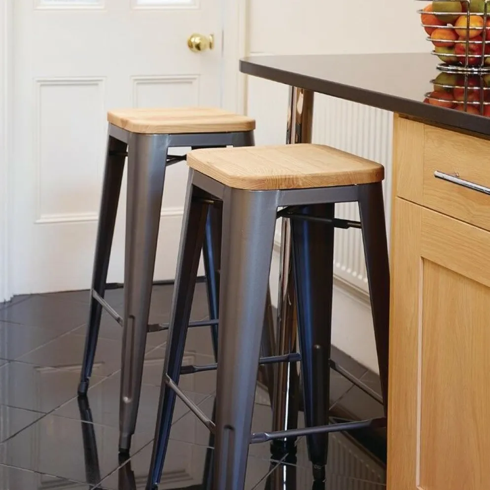 Barhocker Holli Bistro-G grau, Stahl mit Holzsitz, 43x43x77cm