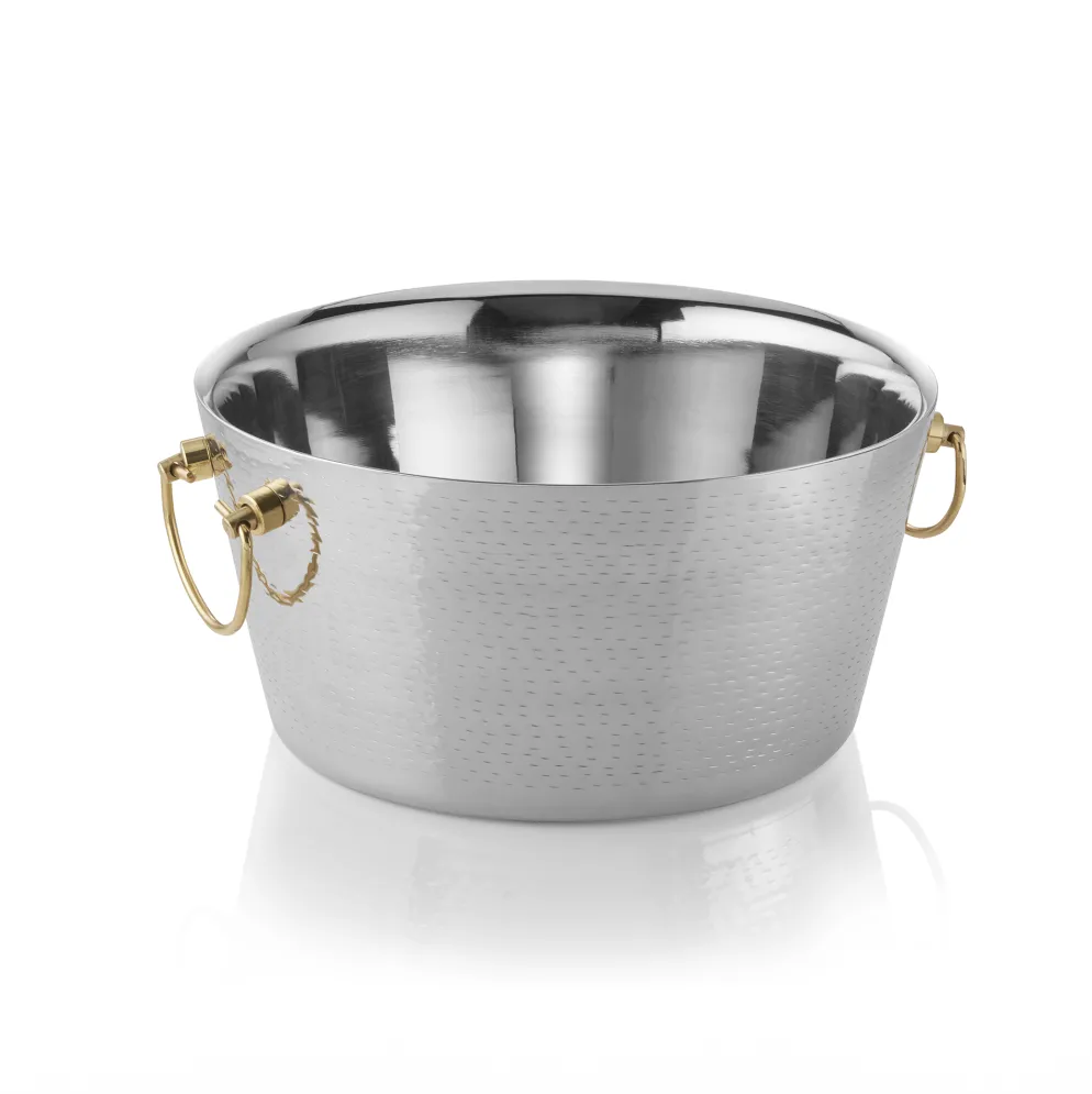 Champagnerkühler, mit Messinggriffen, Ø 34 cm, Höhe 17 cm, doppelwandig, gehämmerte Oberfläche, Chromnickelstahl, Messing