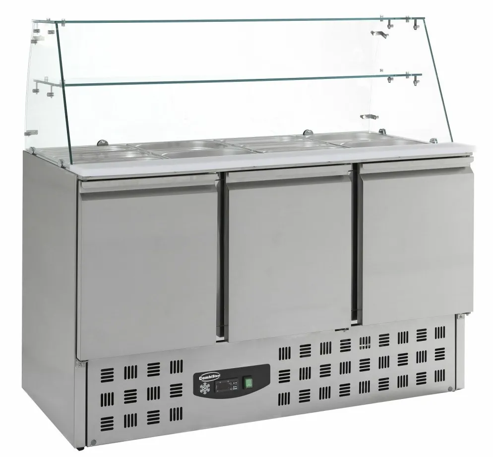 CombiSteel Saladette mit Glasaufsatz, Breite 1365mm, 3-türig