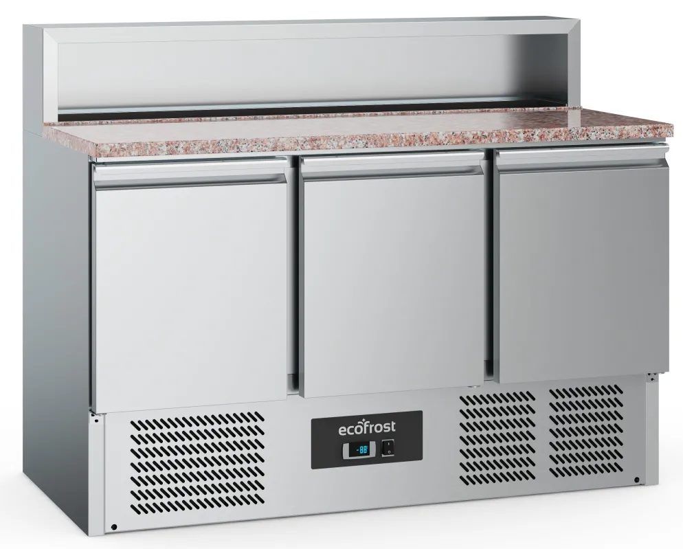 ecoFrost Pizzatisch 3 Türen 8x 1/6GN Behälter, 1365x700x1075mm