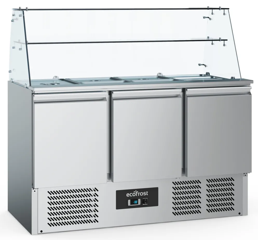ecoFrost Saladette mit Glasaufbau, 3 Türen für 4x 1/1 GN, Breite 1365mm