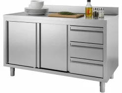 Edelstahl Arbeitsschrank 2000x700x880mm, Schiebetüren, 3 Schubladen, Aufkantung