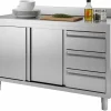 Edelstahl Arbeitsschrank 1400x700x880mm, Schiebetüren, 3 Schubladen, Aufkantung