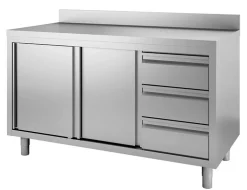 Edelstahl Arbeitsschrank 1400x600x880mm, Schiebetüren, 3 Schubladen, Aufkantung