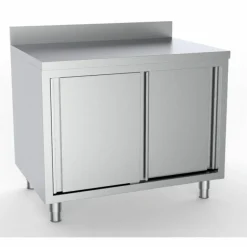Edelstahl Arbeitstisch mit Schiebetüren und Aufkantung – 1200x700mm