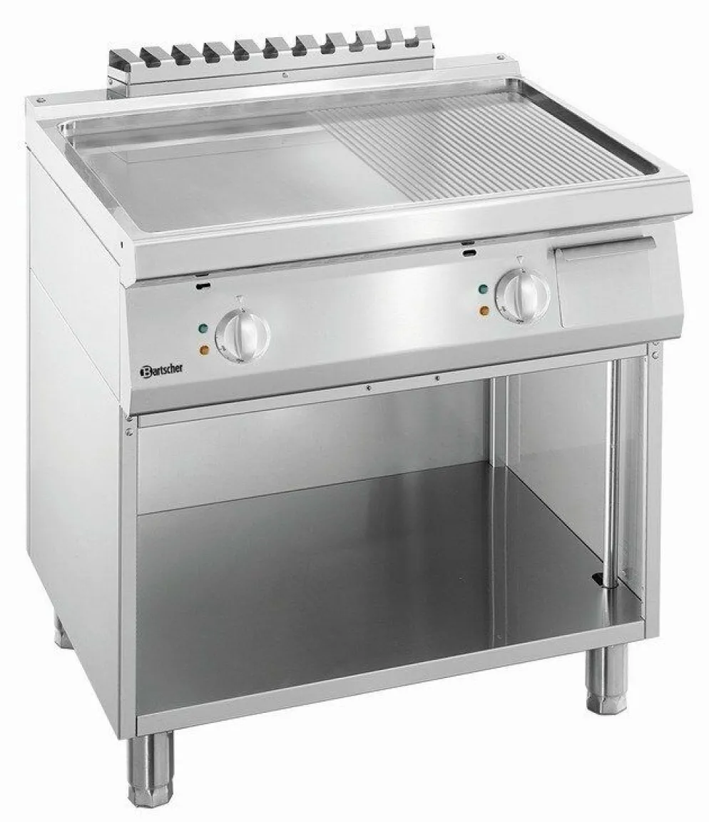 Elektro Griddleplatte mit Stahlplatte 1/2 glatt und 1/2 gerillt, offener Unterbau B 800 x T 700mm