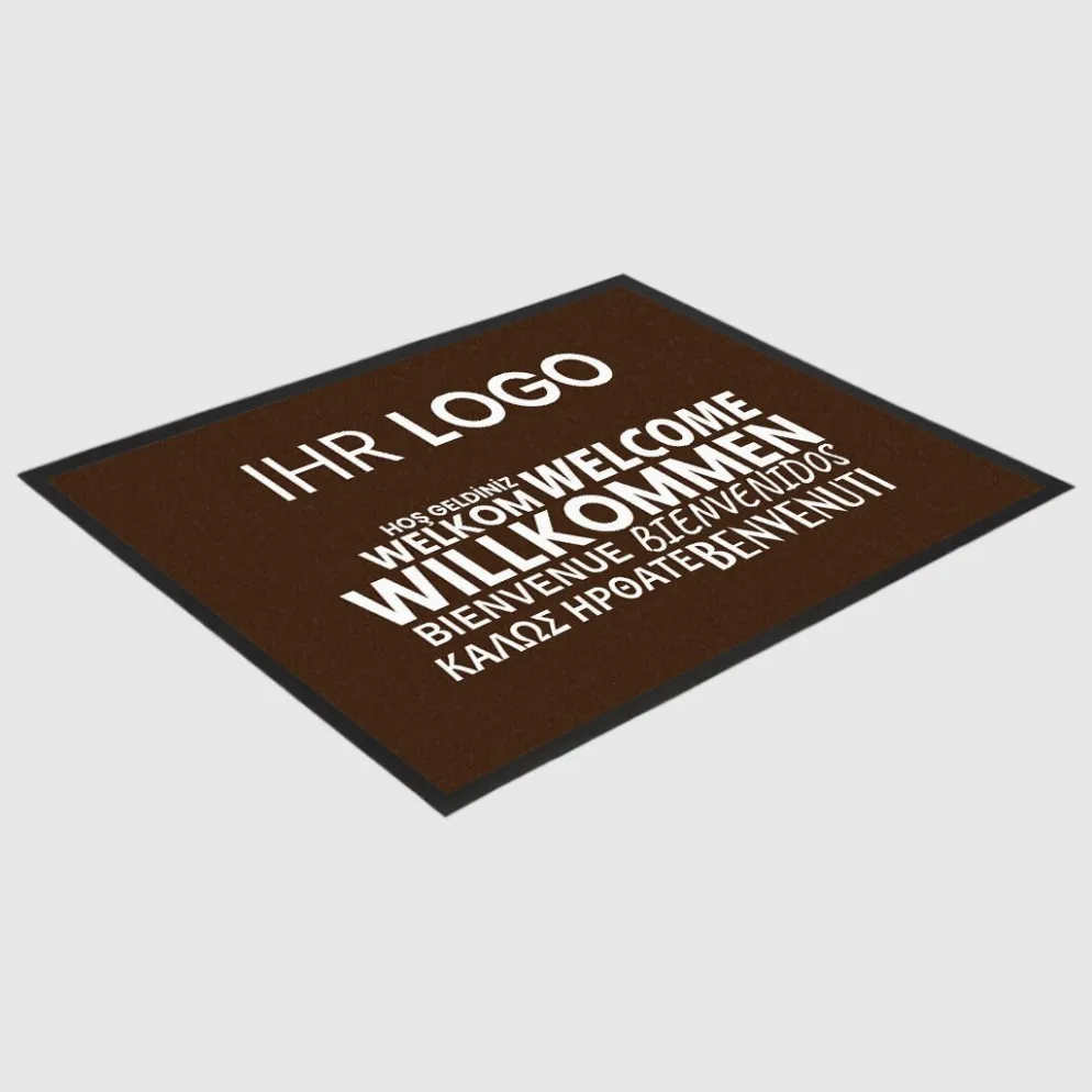 Fussmatte Willkommen braun mehrsprachig mit Logo, 80x120cm