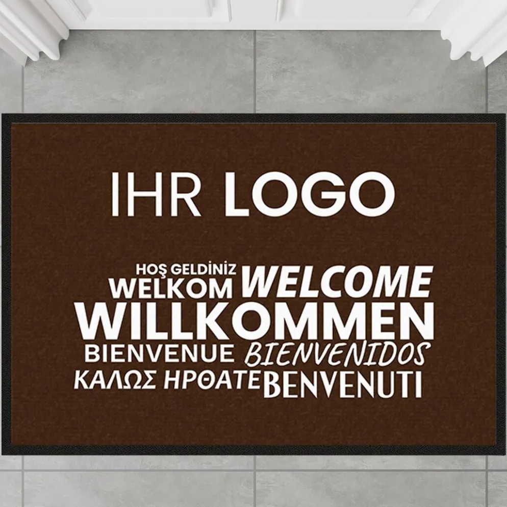 Fussmatte Willkommen braun mehrsprachig mit Logo, 80x120cm