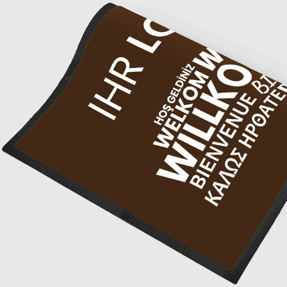 Fussmatte Willkommen braun mehrsprachig mit Logo, 80x120cm