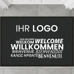 Fussmatte Willkommen dark mehrsprachig mit Logo, 80x120cm