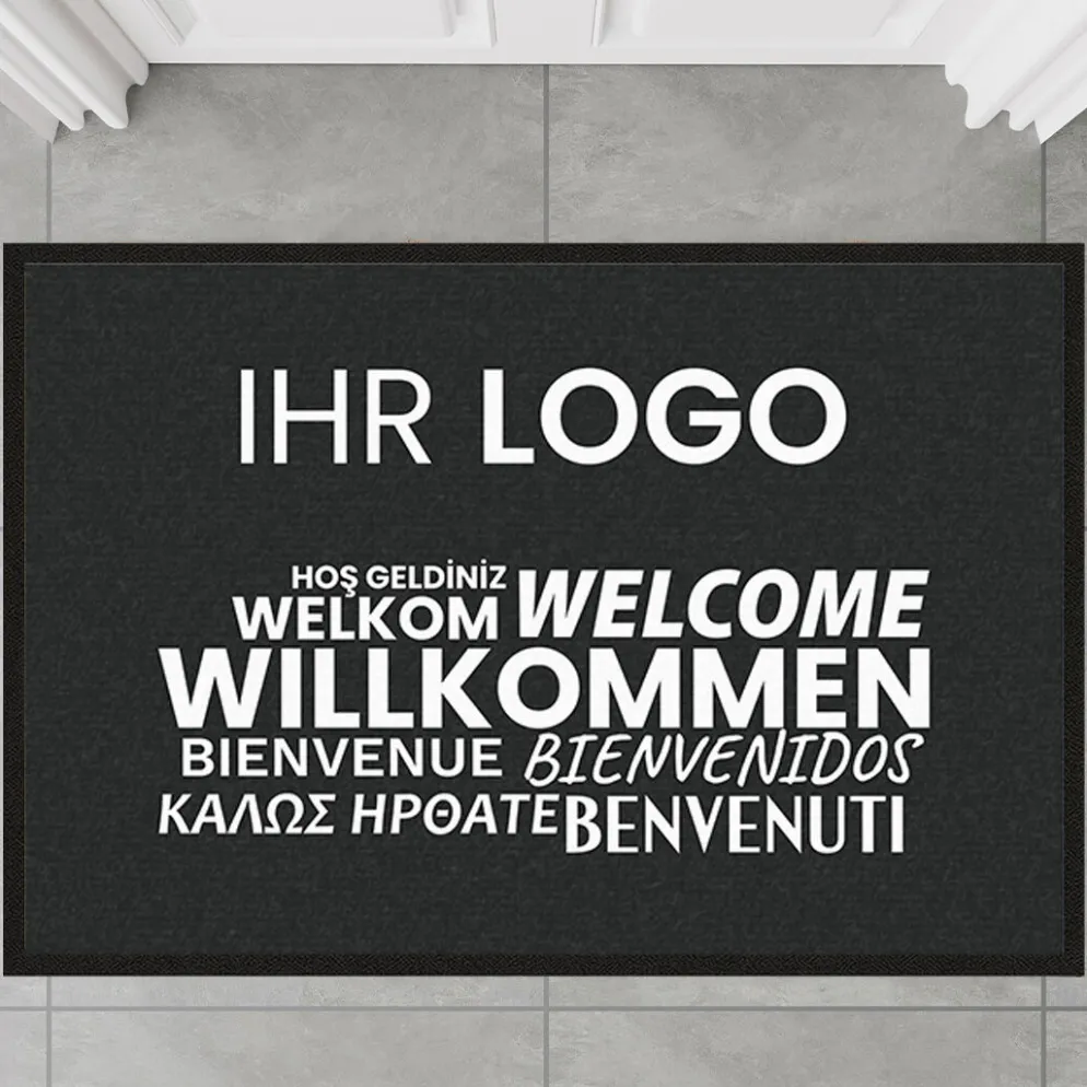 Fussmatte Willkommen dark mehrsprachig mit Logo, 80x120cm