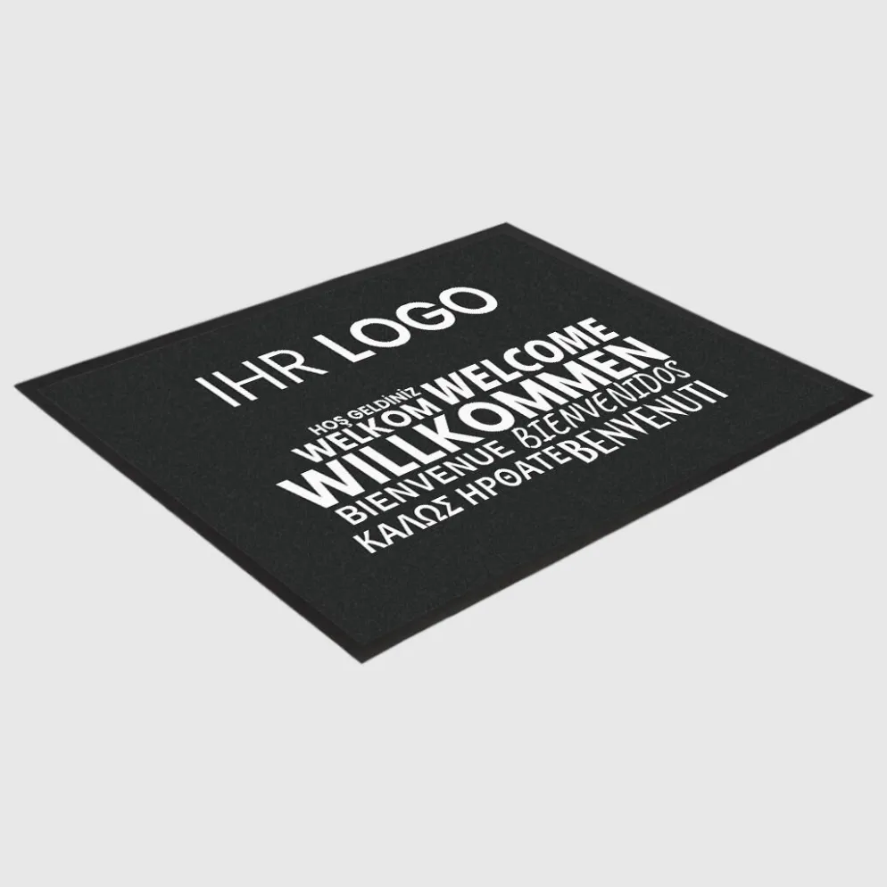 Fussmatte Willkommen dark mehrsprachig mit Logo, 80x120cm