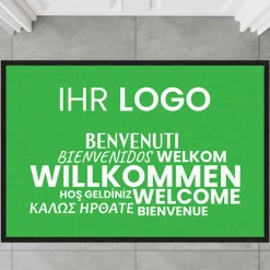 Fussmatte Willkommen grün mehrsprachig mit Logo, 80x120cm