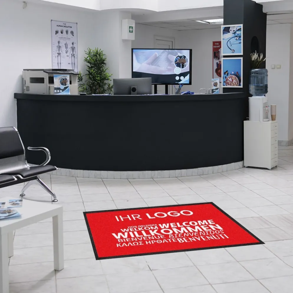 Fussmatte Willkommen rot mehrsprachig mit Logo, 80x120cm