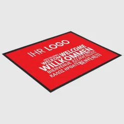 Fussmatte Willkommen rot mehrsprachig mit Logo, 80x120cm