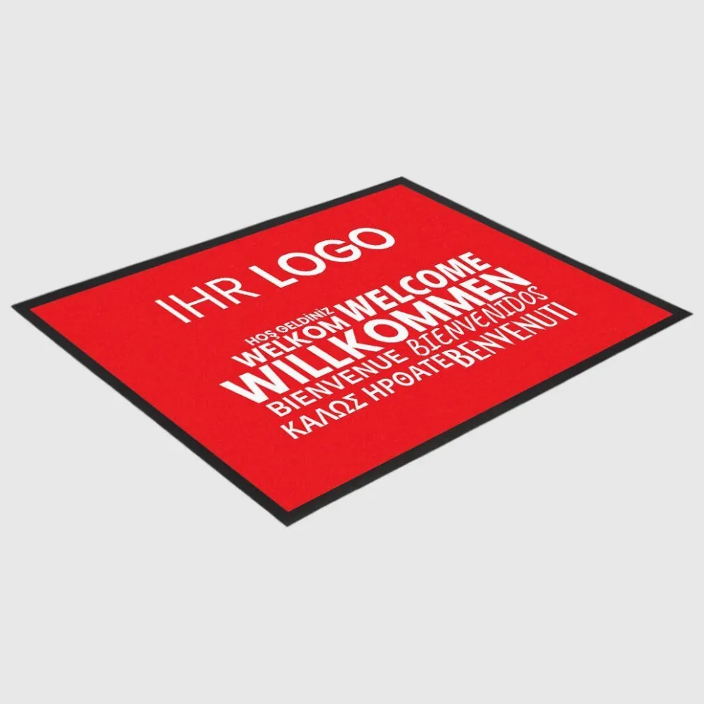 Fussmatte Willkommen rot mehrsprachig mit Logo, 80x120cm