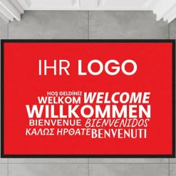 Fussmatte Willkommen rot mehrsprachig mit Logo, 80x120cm