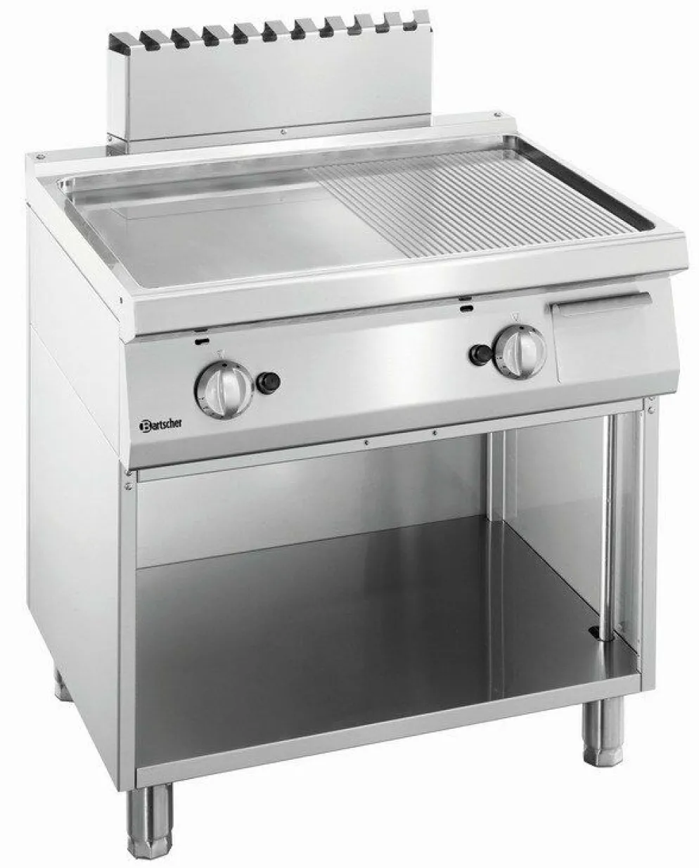 Gas Griddleplatte mit Stahlplatte 1/2 glatt und 1/2 gerillt, offener Unterbau B 800 x T 700mm