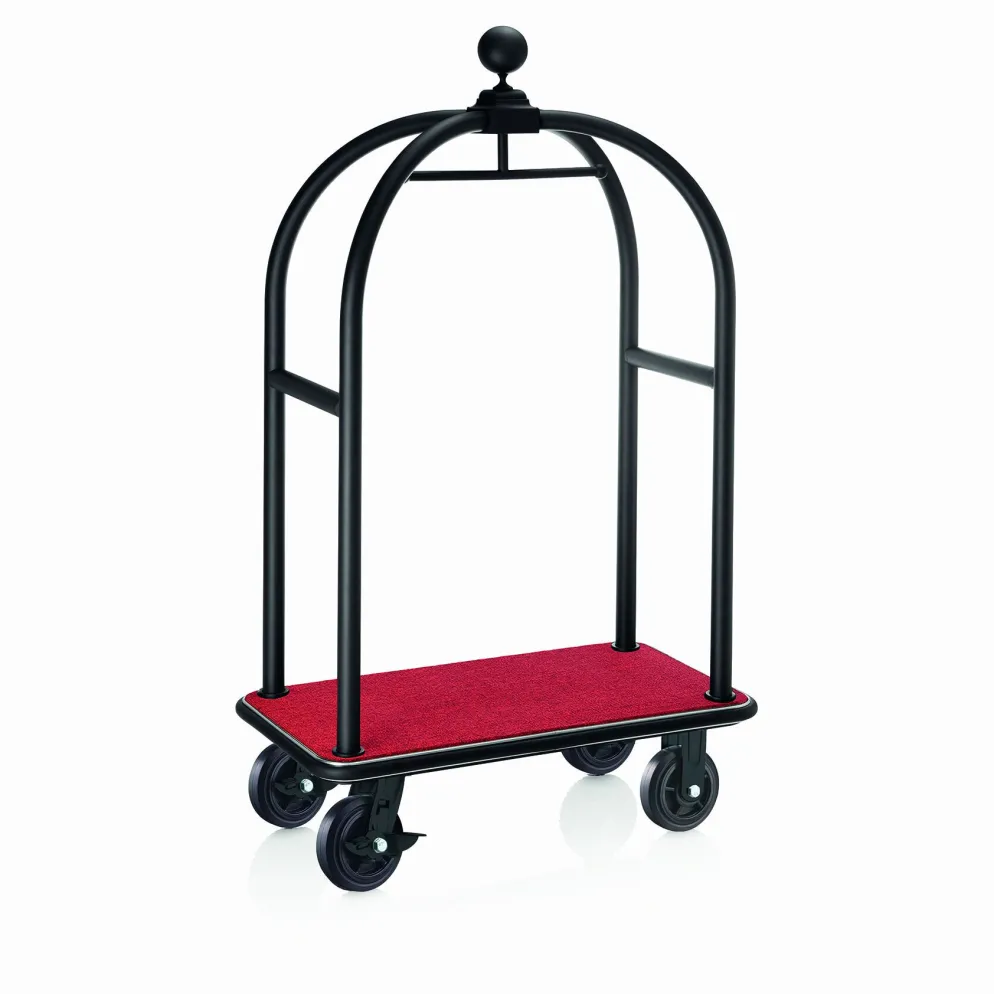 Gepäckwagen DRIFT, 112 x 60 x 190 cm, schwarz, roter Teppich, Chromnickelstahl 18/8