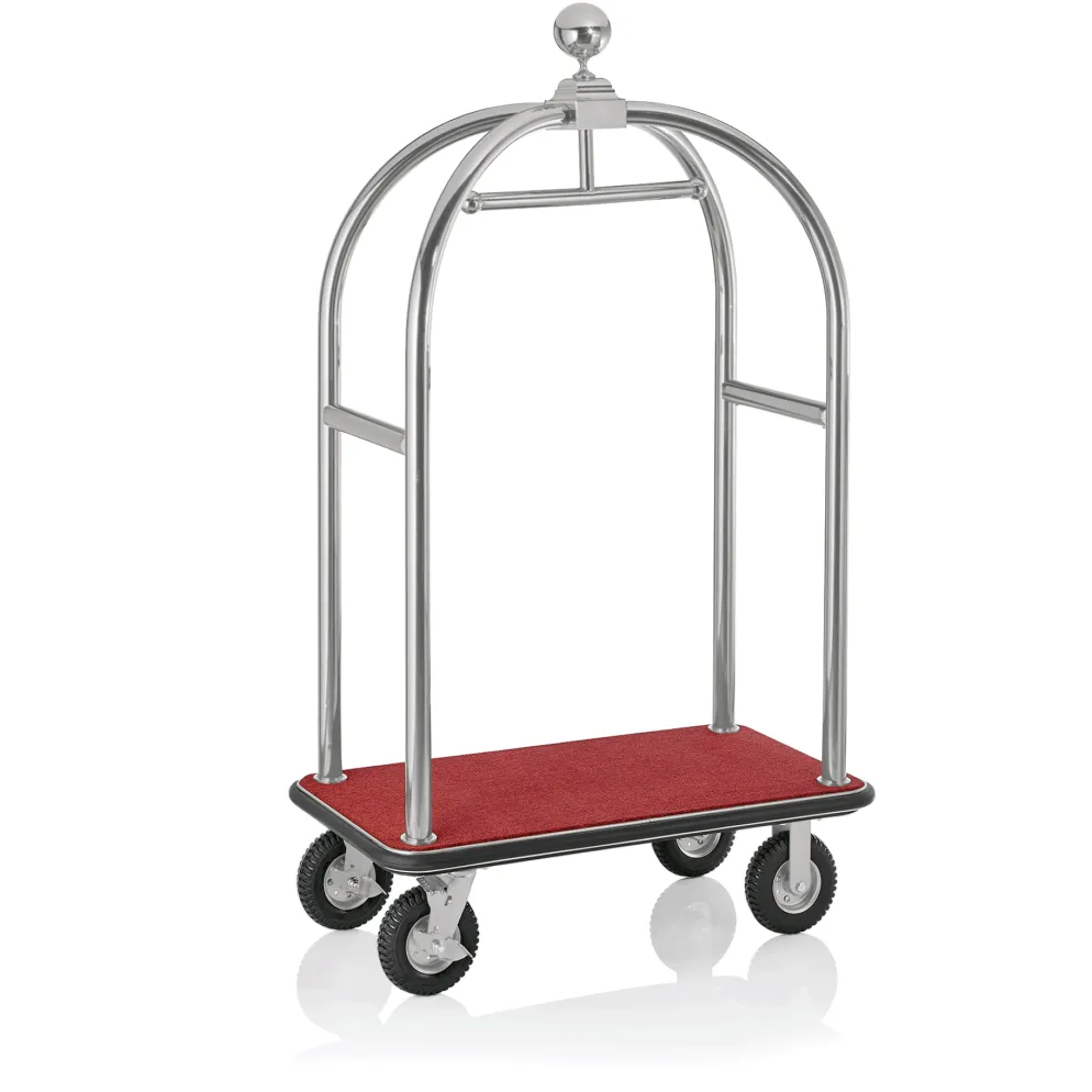 Gepäckwagen DRIFT, 112 x 60 x 190 cm, silberfarben gebürstet, roter Teppich