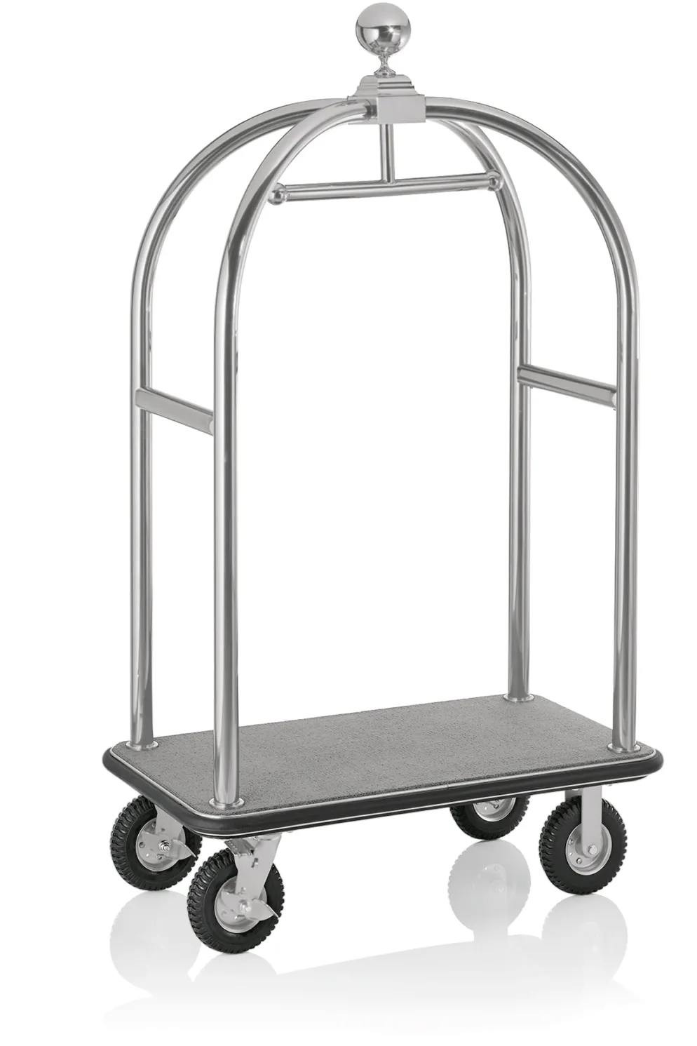 Gepäckwagen DRIFT, 112 x 60 x 190 cm, silberfarben gebürstet, grauer Teppich