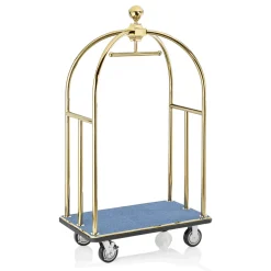 Gepäckwagen UNITY, 112 x 60 x 185 cm, goldfarben, blauer Teppich, Edelstahl