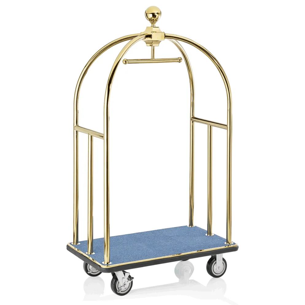 Gepäckwagen UNITY, 112 x 60 x 185 cm, goldfarben, blauer Teppich, Edelstahl