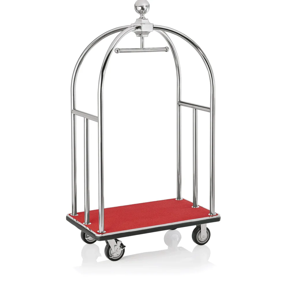 Gepäckwagen UNITY, 112 x 60 x 185 cm, silberfarben, roter Teppich, Edelstahl