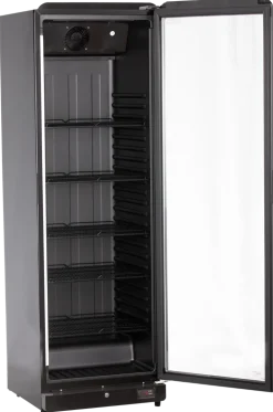 Glastürkühlschrank KBS 384 Umluft schwarz mit LED-Beleuchtung und Schloss