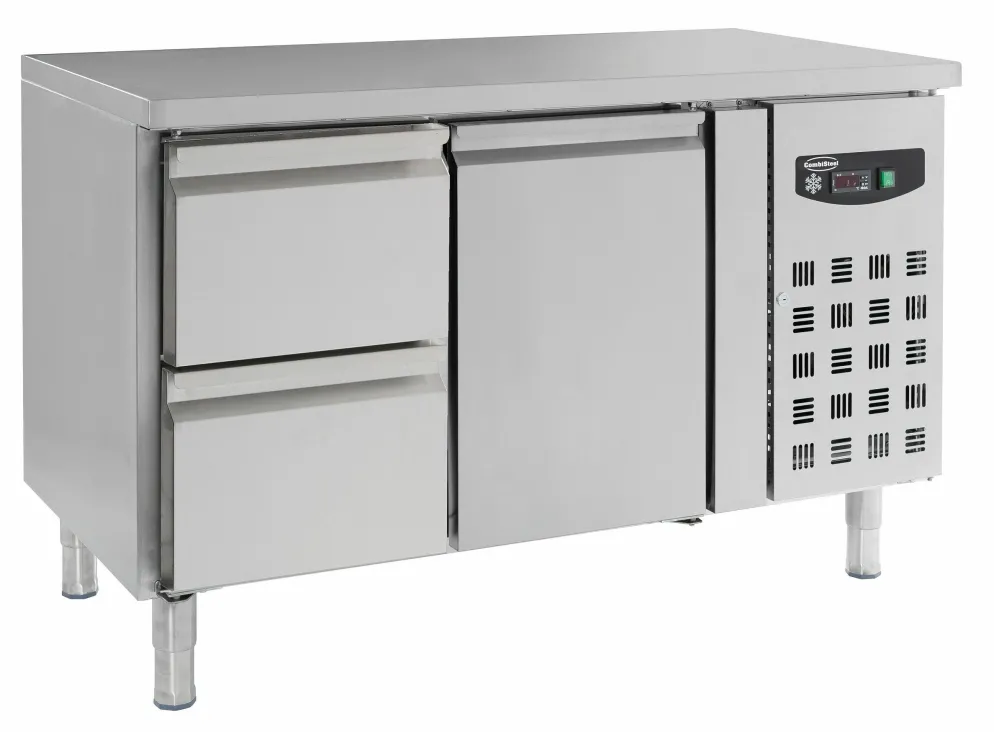 Kühltisch mit Tür und 2 Schubladen, 1360x700x850mm - GN 1/1