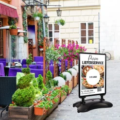 Kundenstopper SNE605 für Pizza-Lieferservice mit A1-Plakat QR-Code & Logo