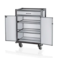 Minibar Servicetrolley, 85 x 60 x 135 cm, weiß, dunkle Kanten, Aluminium, MDF