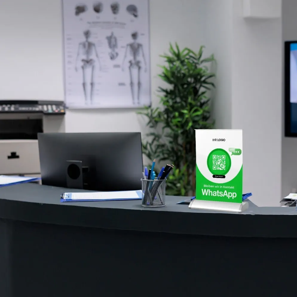 Mini-Roll-Up Tischaufsteller für WhatsApp WA20 mit QR-Code+Logo