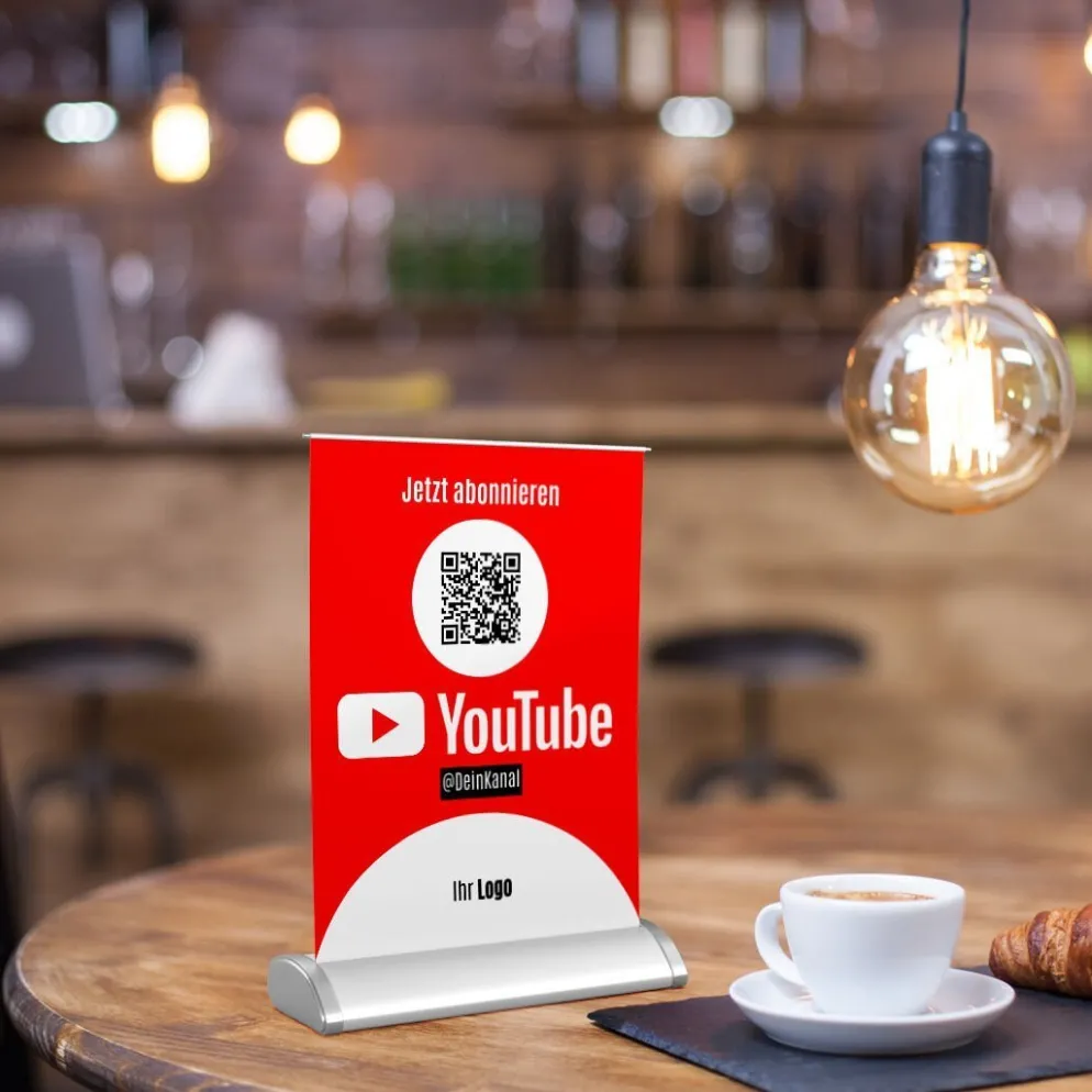 Mini-Roll-Up Tischaufsteller für Youtube YOU70 mit QR-Code+Logo