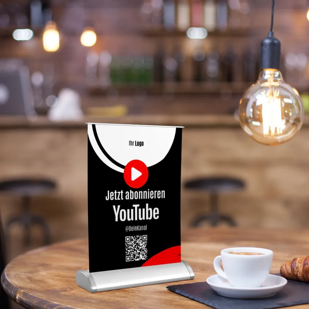 Mini-Roll-Up Tischaufsteller für Youtube YOU50 mit QR-Code+Logo