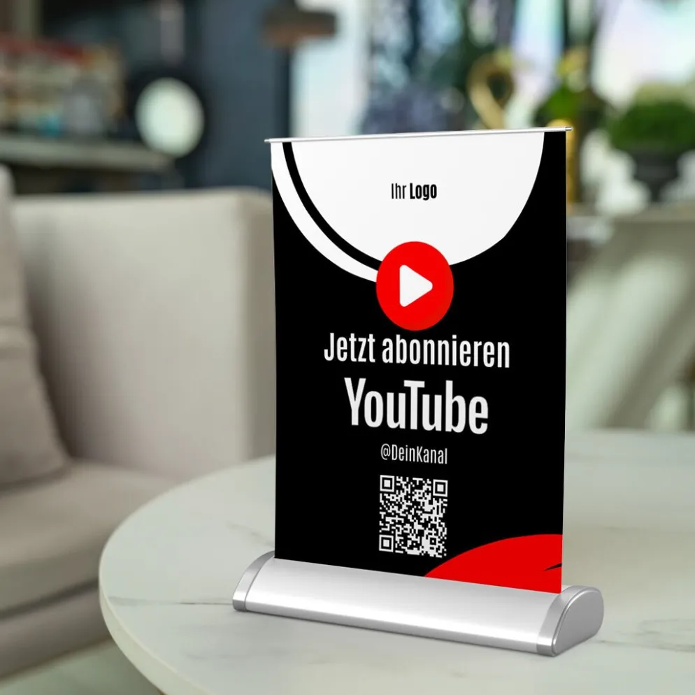 Mini-Roll-Up Tischaufsteller für Youtube YOU50 mit QR-Code+Logo
