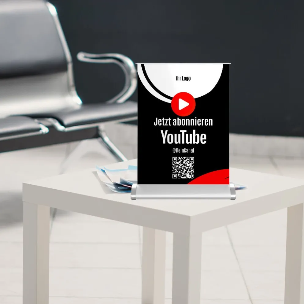 Mini-Roll-Up Tischaufsteller für Youtube YOU50 mit QR-Code+Logo