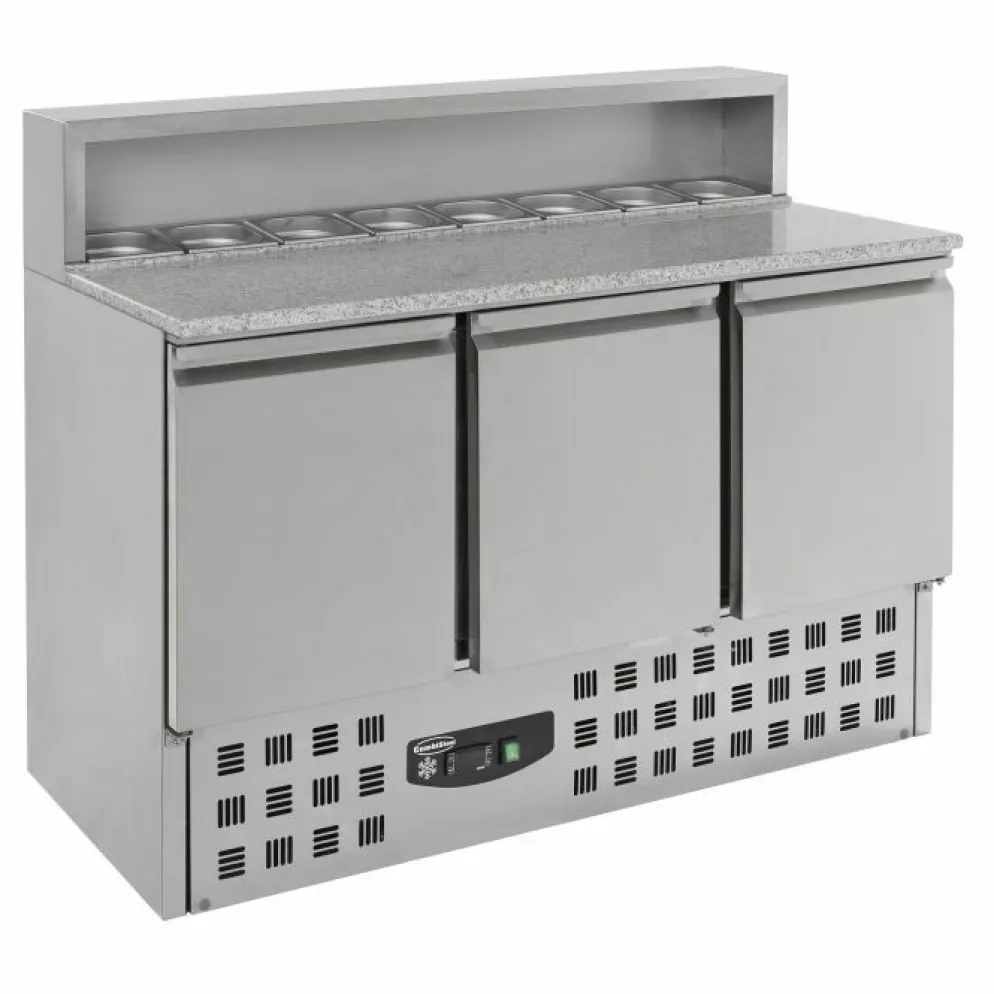 Pizzatisch mit GN-Aufsatz – 3 Türen, Granit-Arbeitsplatte, Breite 1368mm