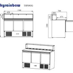 Pizzatisch Pizzasaladette 3-türig, Granitarbeitsfläche, 8x GN1/6, Breite 1365 mm