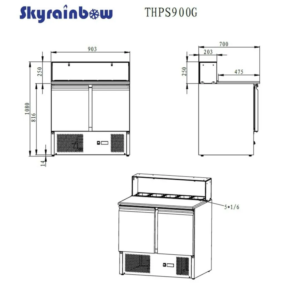 Pizzatisch Pizzasaladette 2-türig, Granitarbeitsfläche, 5x GN1/6, 900mm Breite