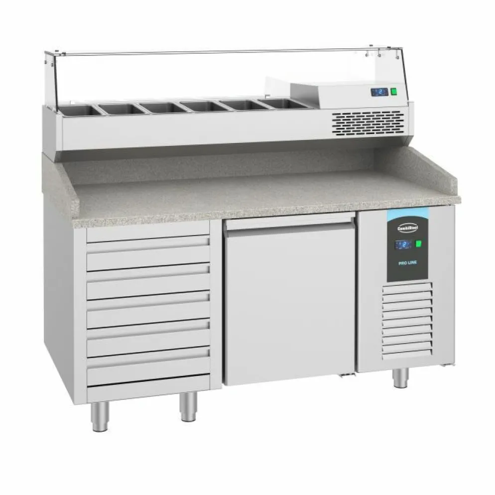Pizzatisch Pro Line – 1 Tür, 5 Schubladen, 380 Liter, Breite 1550mm